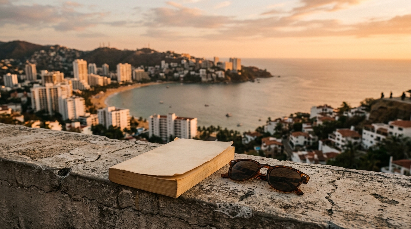 Ejemplar del libro Sweet Acapulco frente a la bahía de Acapulco al atardecer