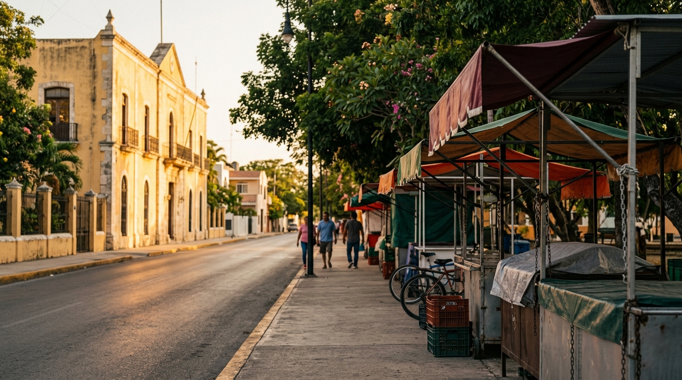Calle comercial de Mérida con puestos de comerciantes ambulantes al atardecer