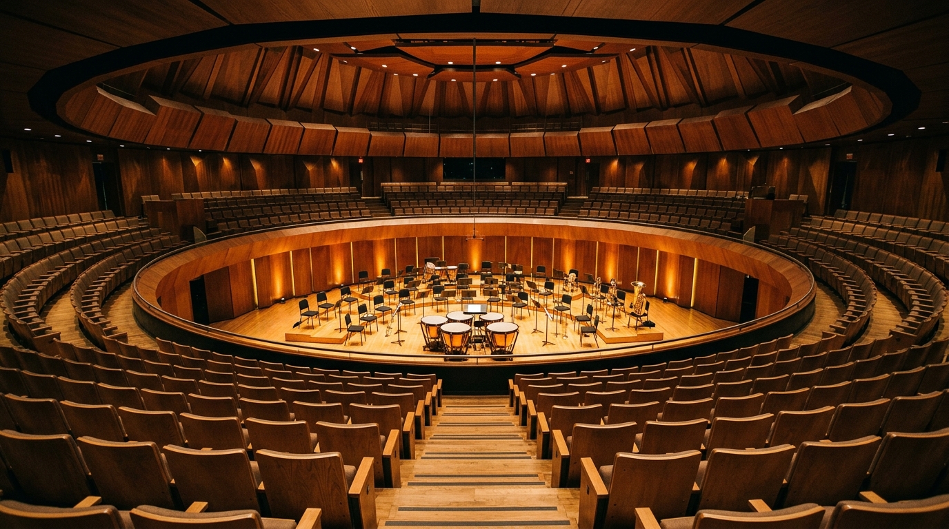 Escenario de la Sala Nezahualcóyotl con metales y percusión para Fanfarria volcánica