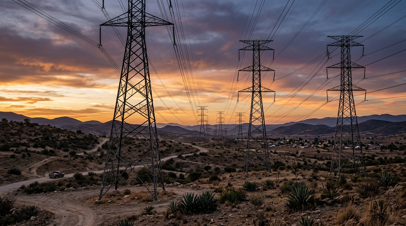 Torres de transmisión eléctrica al atardecer ilustran la electrificación global 2035