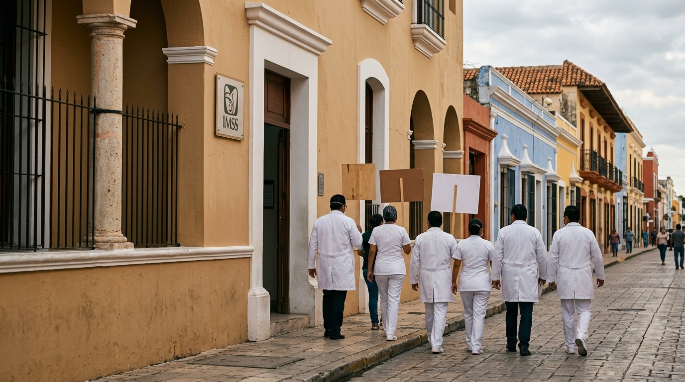 Marcha del IMSS en el malecón de Campeche vista desde atrás
