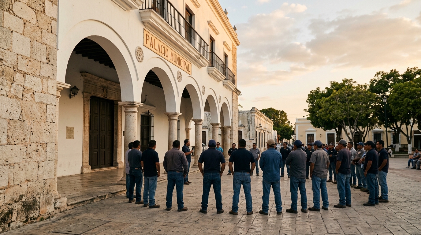 Palacio Municipal de Palizada con trabajadores sindicalizados en protesta por adeudos